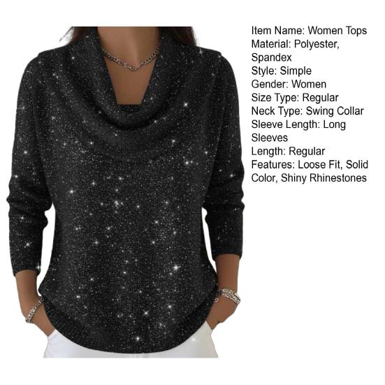 Women Tops Swing Collar Long Sleeve Shiny Rhinestones Pullover Tops Loose Fit Solid Color Flash