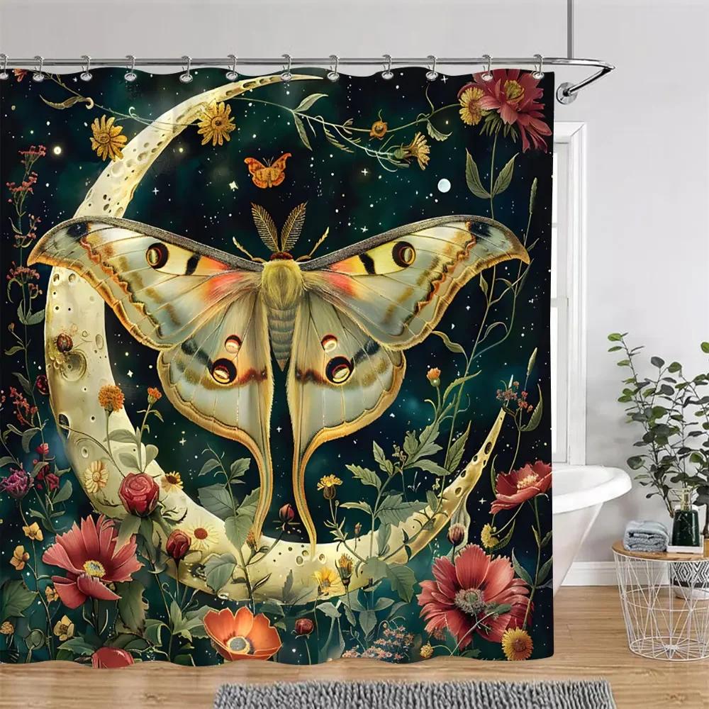 Bohemian Vintage Butterfly Shower Curtain Botanical Floral Astrological Insects Polyester Fabric Shower Curtains Bathroom Decor