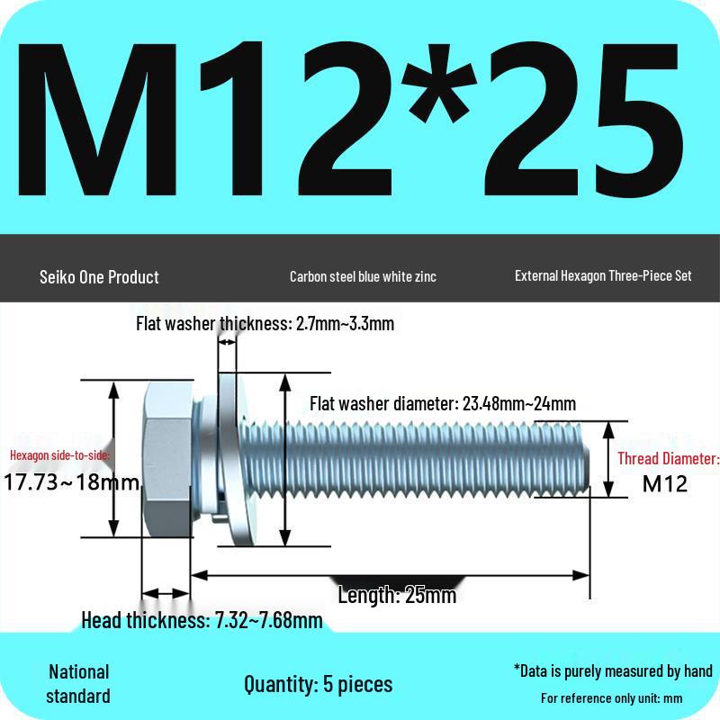 Grade 8.8 Galvanized Hex Bolt Set: Includes Hex Bolt, Spring Washer, Flat Washer (Sizes: M4, M5, M6, M8, M10, M12)