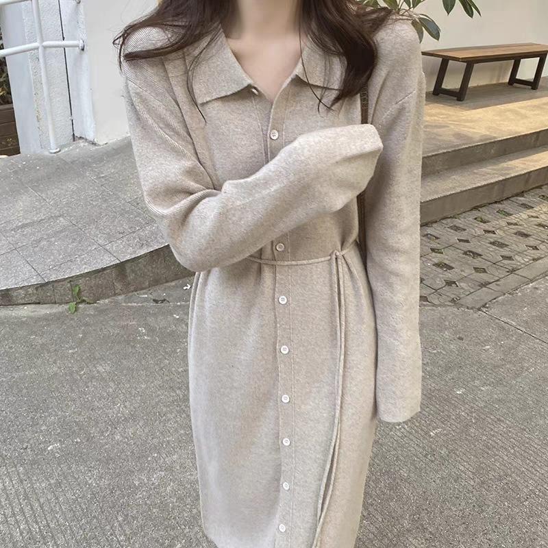 Temperament Lazy wind knitted dress women's autumn and winter new loose long over-the-knee sweater skirt with coat