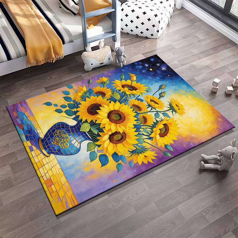 Bunter Sonnenblumen-Vasenmuster-Teppich, Helles florales Kunstdesign-Teppich Geeignet für die Verwendung als Antirutsch-Matte für Wohnzimmer, Schlafzimmer, Sofas
