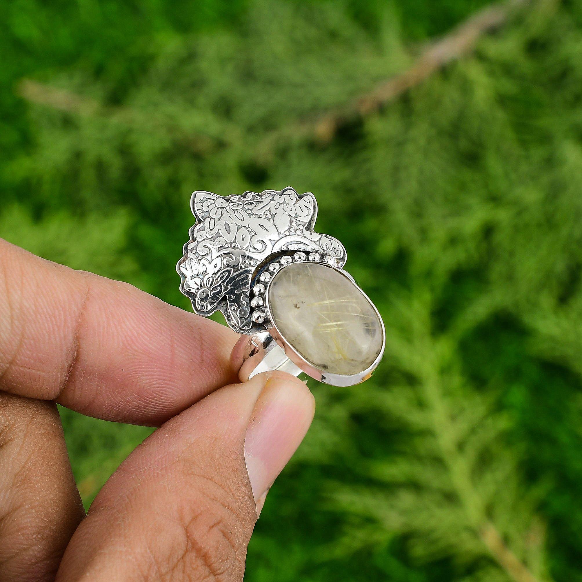 

Распродажа ко Дню матери Кольцо-заявление из стерлингового серебра с камнем Золотистый рутил Ювелирные изделия для жены Adjustable