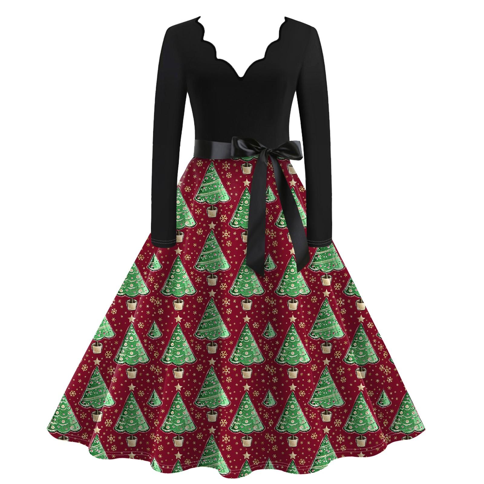 

Женское повседневное модное винтажное платье с V-образным вырезом и длинным рукавом с рождественским принтом XL винный