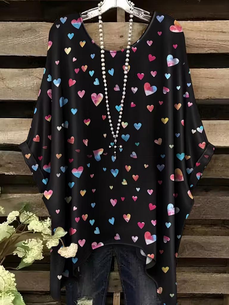 Elegantes Bohemian Chic Übergroßes Einfaches Retro Liebesdruck Druck Damen T-Shirt Asymmetrischer Saum Rundhalsausschnitt Vielseitige Damenbekleidung