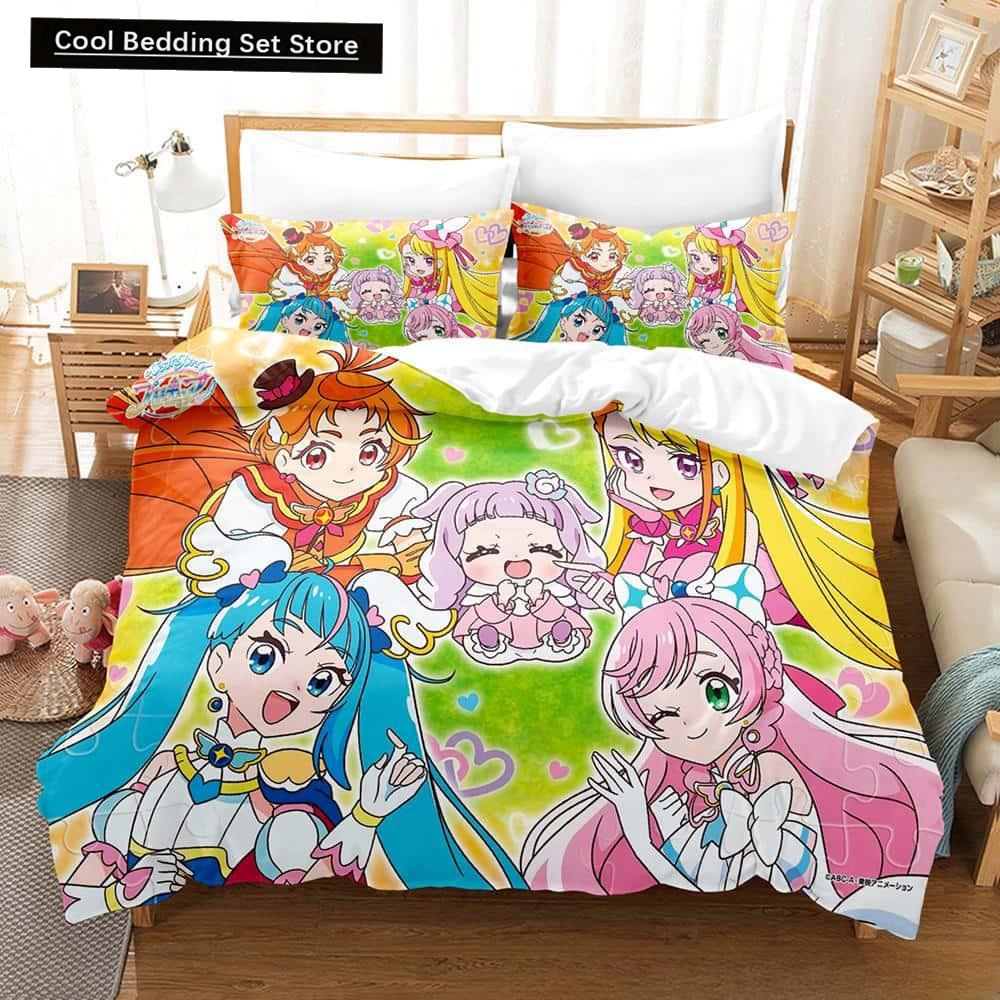 3D Kawaii Anime Hirogaru Sky! Pretty Cure Bettwäsche-Set, Einzelbett, Doppelbett, Queen-Size-Bett, King-Size-Bett, Erwachsenen- und Kinderschlafzimmer, Bettbezug-Sets