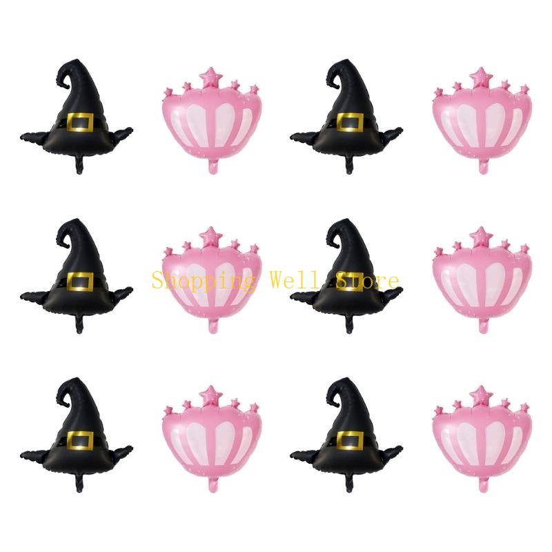 KX4B 12Pcs Delicate Wicked Party Balloons Set Black Witch and Pink Crown Decorations