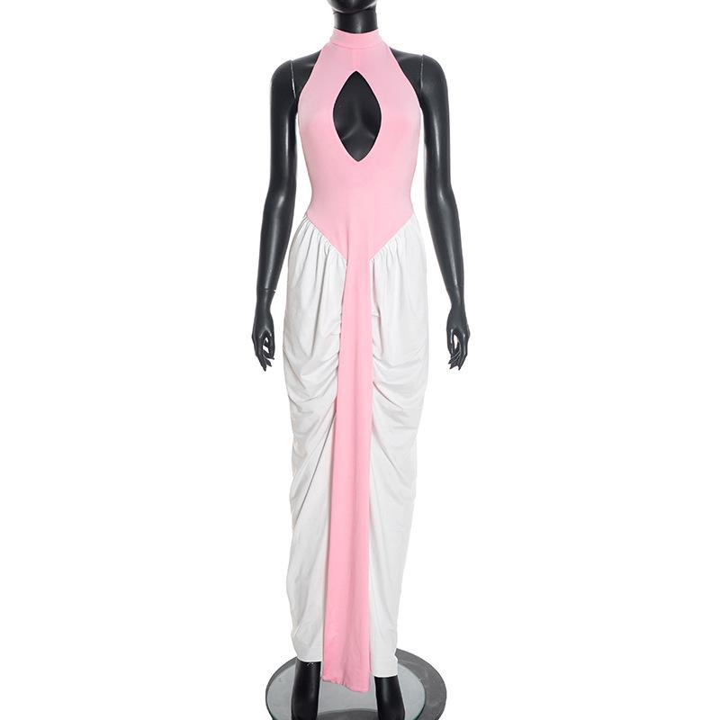 

New Halter Sleeveless Color Block Ribbon Split Dress - European & American Style Large