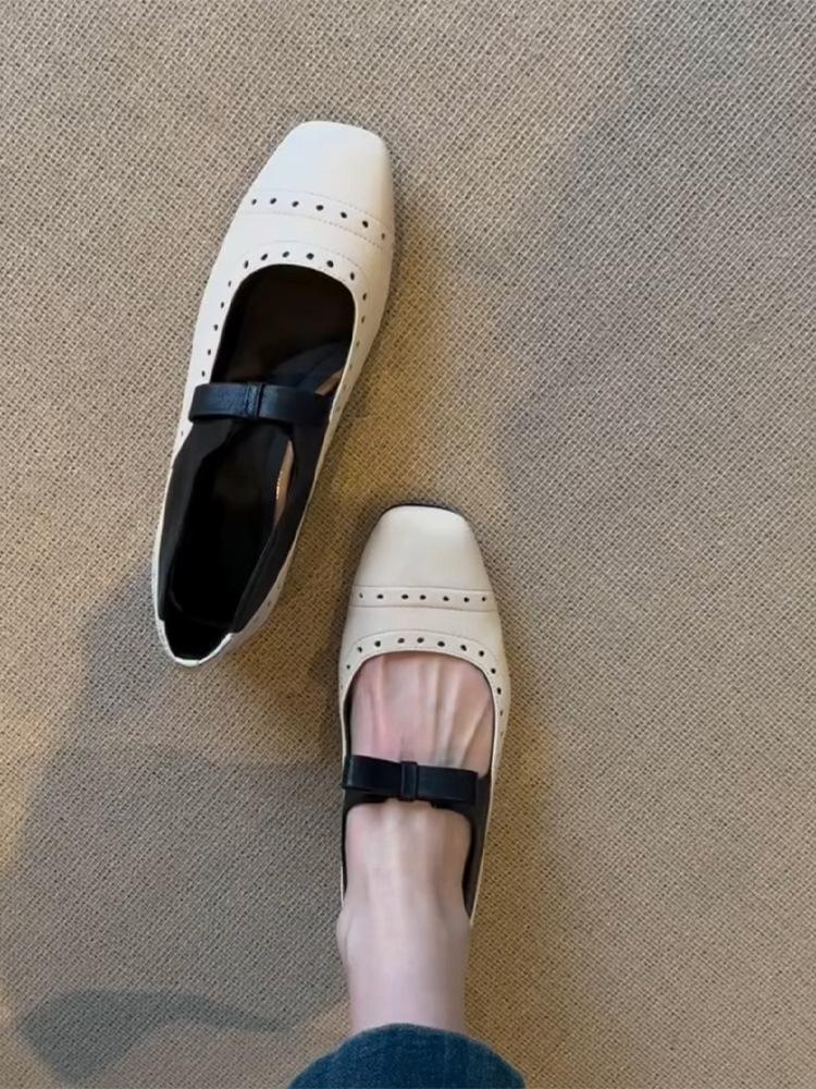 Leather French Low Heel Square Head Bow Light Mouth Single Shoes Femininity Versatile Commuter Soft Sole Ballet Mary Jane Shoes