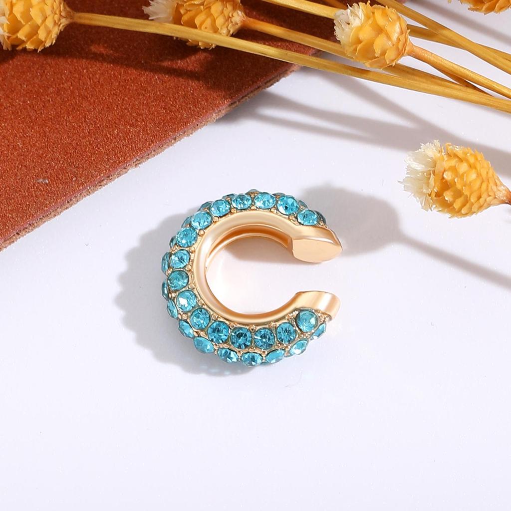 Retro Fashion C-Shaped Bling Ear Clips with Colored Diamonds - Trendy No-Pierce Earrings