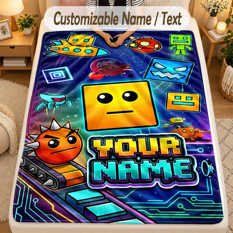 Flannel BlanketGeometry Dash Custom Name Text Personalized Soft Warm Throw Blanket Home Decor Gift