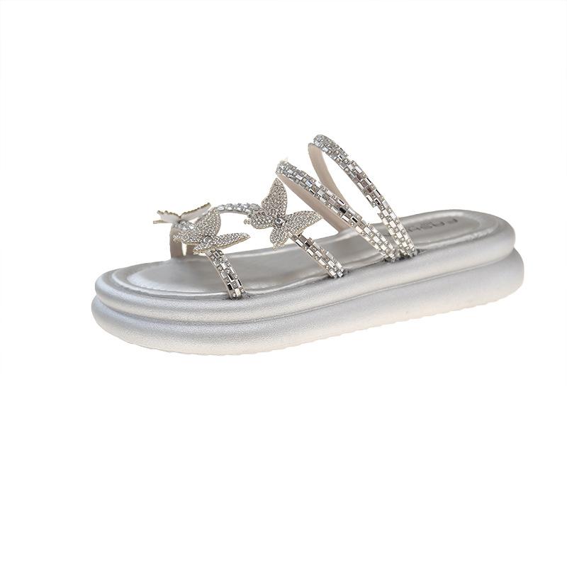 

Rhinestone bow thick-bottomed cool slippers women s 2025 summer new outer wear fashionable versatile slope heel muffin one-word drag 40 срібний