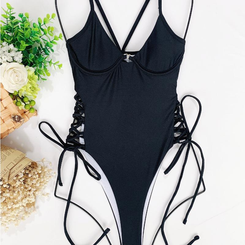 Costume da bagno da donna tinta unita costume intero ritaglio coulisse bikini sexy costumi da bagno brasiliani 8 colori