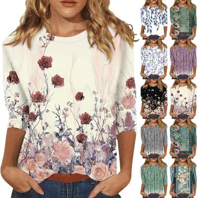 Damenmode Lässig Dreiviertelärmel Vintage Blumendruck Rundhals Oberteil
