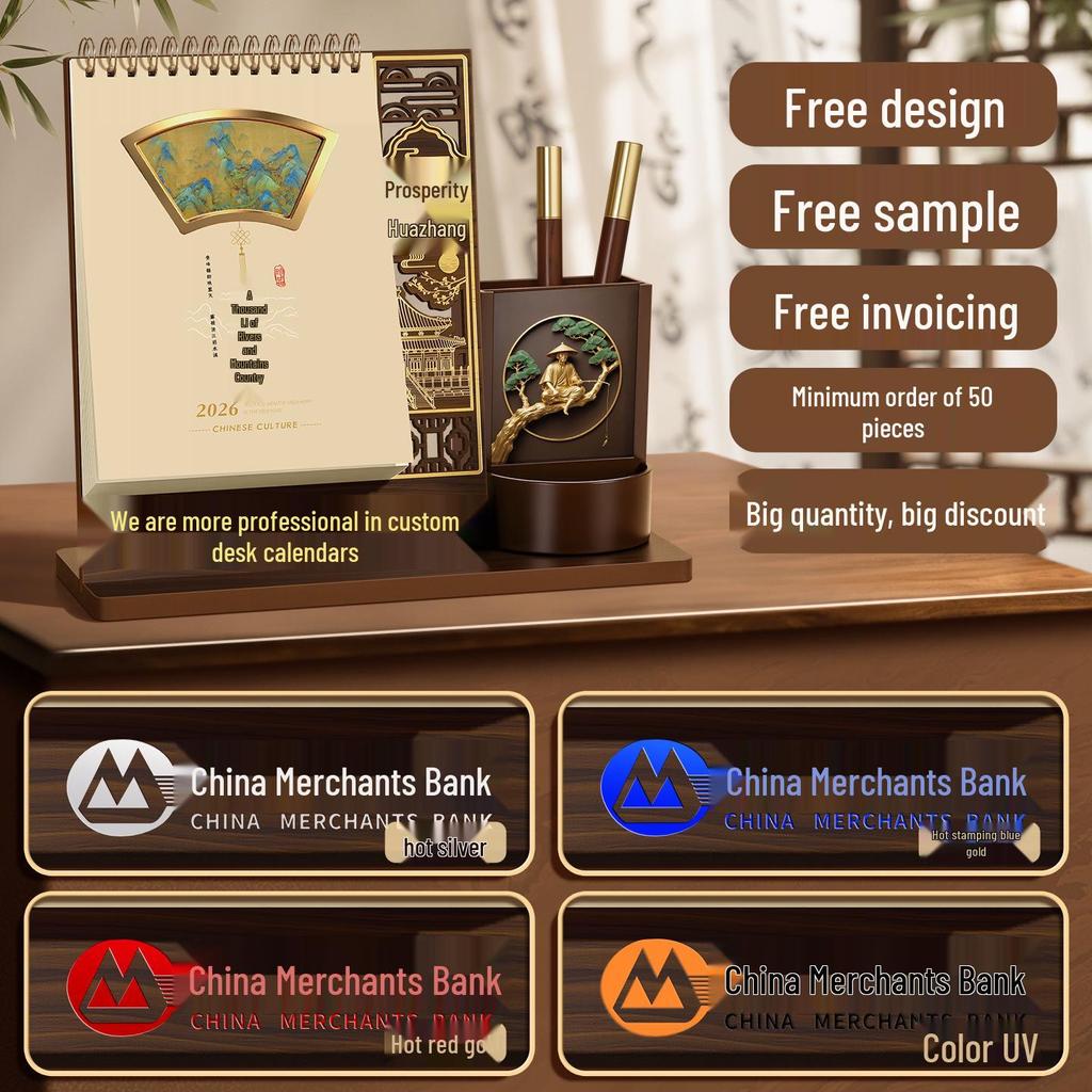 Customized 2026 Wooden Stand Enterprise Calendar – Creative Business Office Memo Gift Box