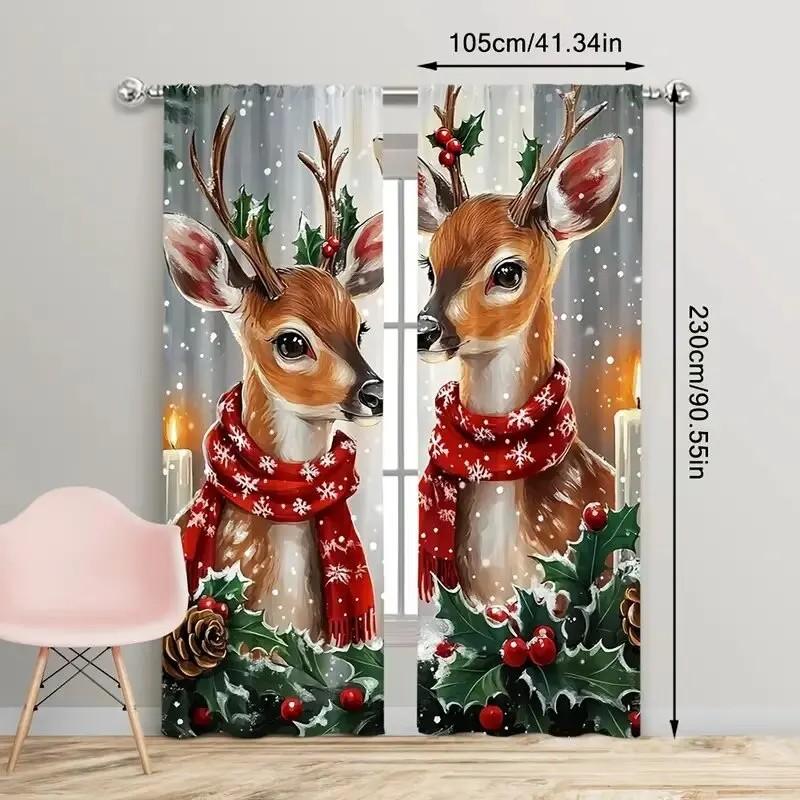 Set Of 2 Jit Cute Deer Print Curtain Christmas Window Decor Home Blackout With Rod Pocket Polyester