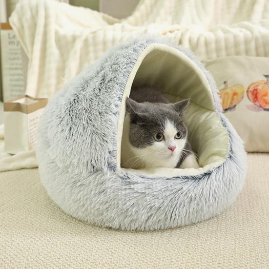 Round Hooded Plush Pet Bed Semi-Enclosed Indoor Small Cat Dog Cave Bed Winter Warm Kitten Puppy Sleeping Nest Pet Supplies