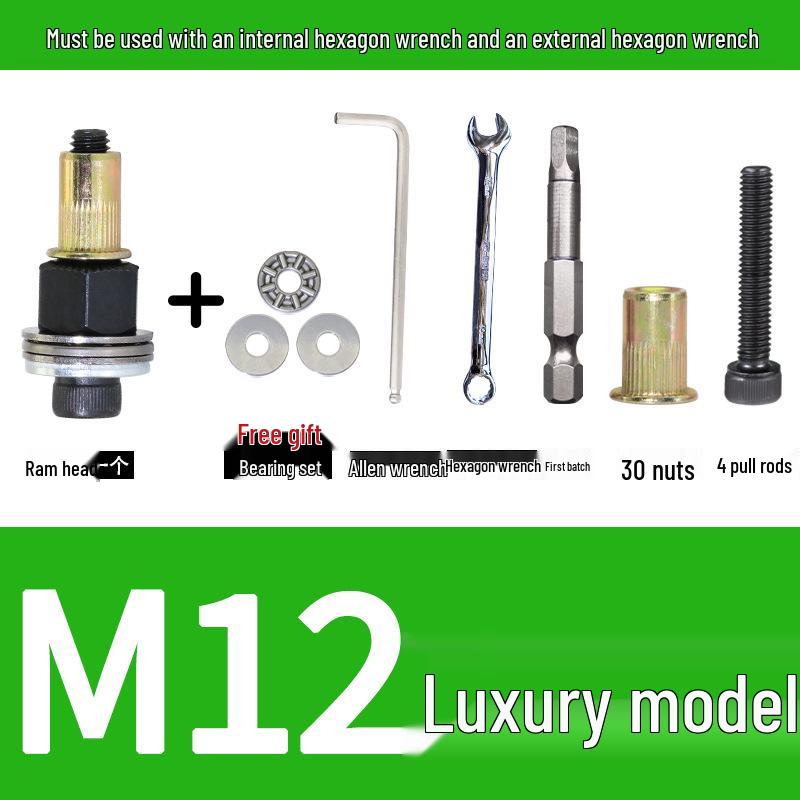 Multi-Purpose Electric Rivet Tool with Manual Wrench and Nut Head Attachment