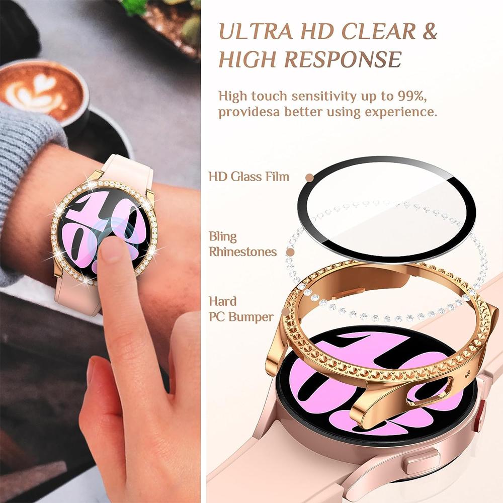 Bling Case for Samsung Galaxy Watch 6 Screen Protector 40mm 44mm Tempered Glass Diamond Bumper Cover Galaxy Watch 4 Accessories