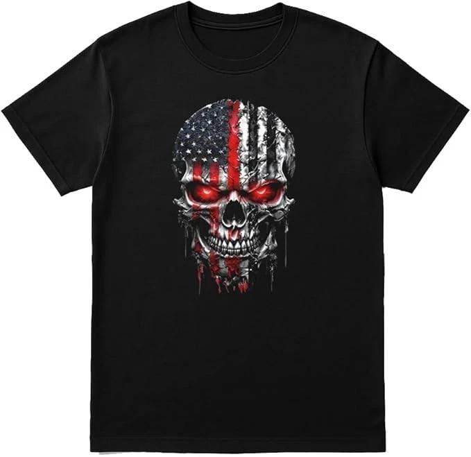 American Flag Skull T-Shirt Unisex Red Eyes Horror Grunge Graphic Tee XXXL