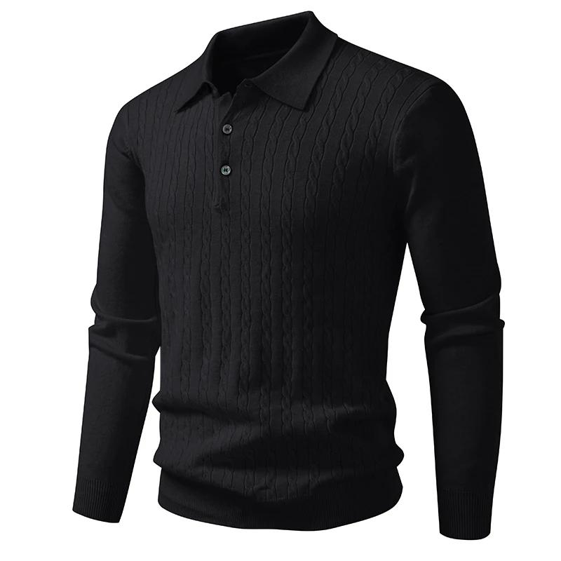 Spring Autumn Men's Knitted Pullovers Solid Color Full Sleeve Turn Down Collar Smart Casual Knitting Sweater Men Slim Fit Tops