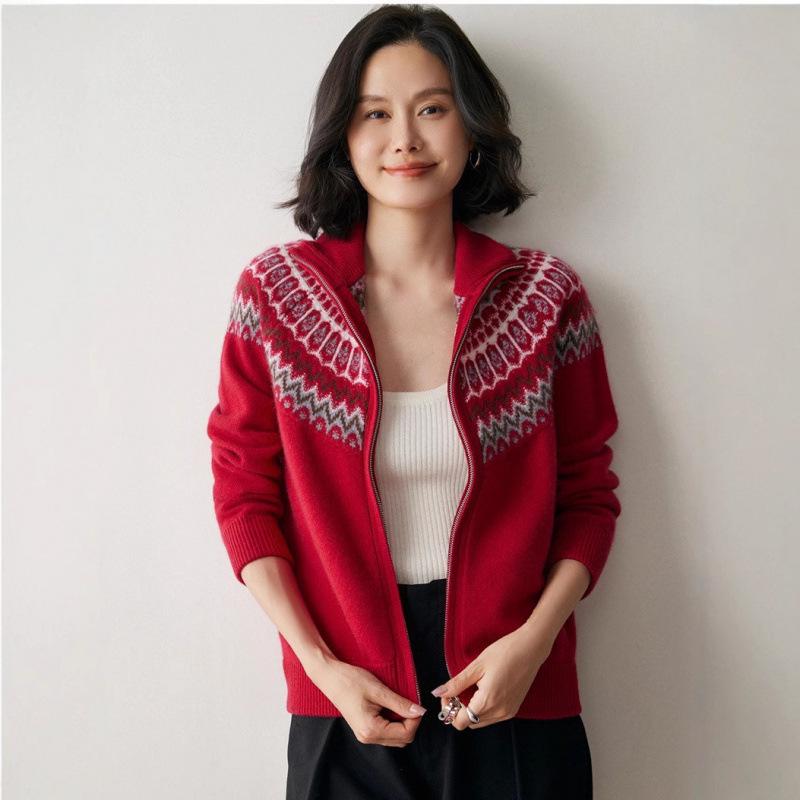 Fair Isle Jacquard Women's Color Block Cashmere Cardigan - 2025 Autumn/Winter Lapel Zipper Jacket