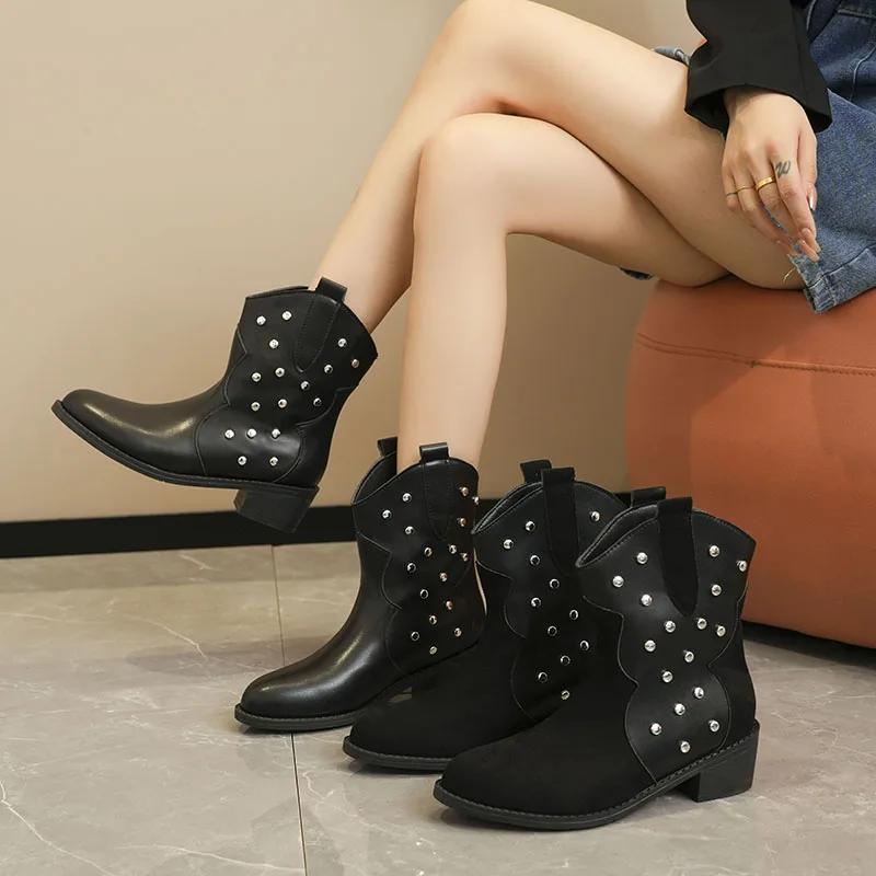 Mode Damen Schuhe 2024 Mode Ärmel Damenstiefel Herbst Runde Zehe Niete Einfarbig Kurzer Schaft Klobige Absätze Große Größe Westernstiefel