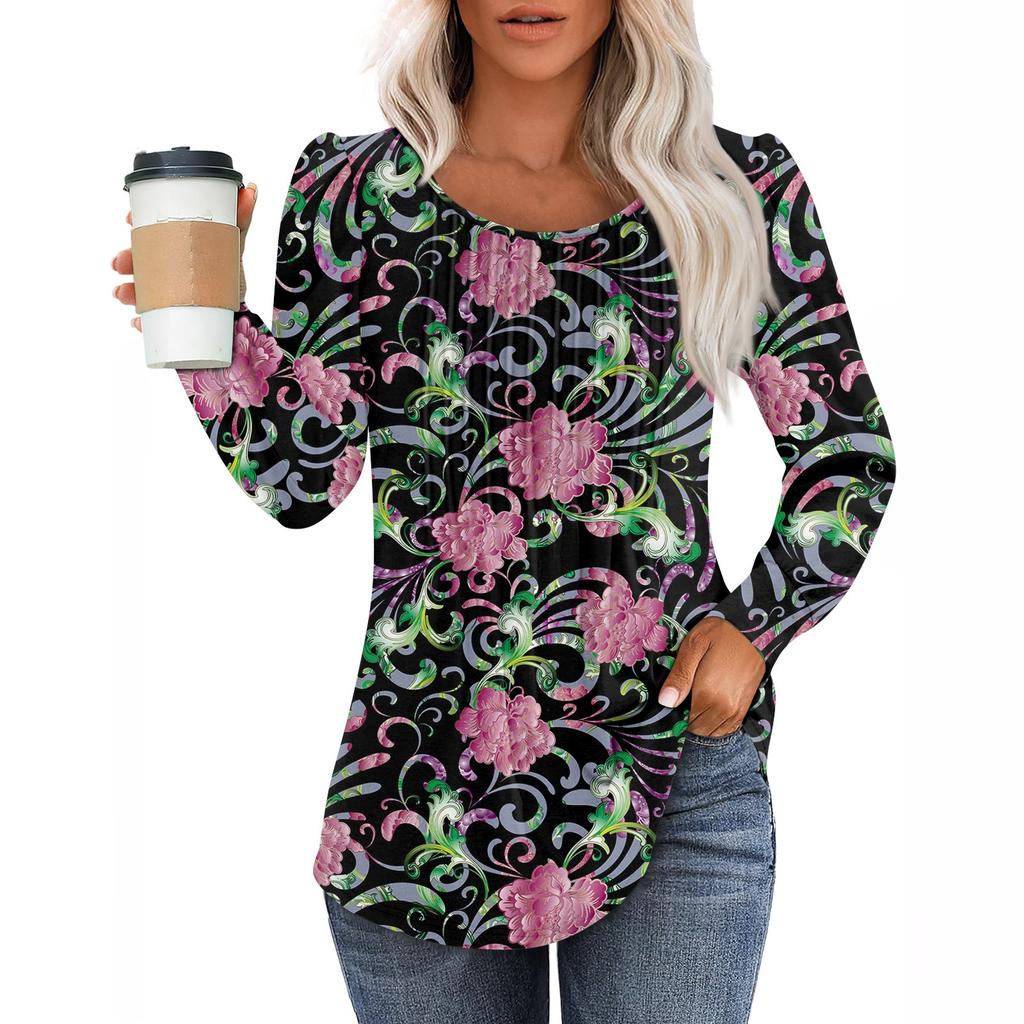 Košile s dlouhým rukávem pro ženy Roztomilý potisk Grafická trička Halenky Oblečené Ležérní halenky Skládané tuniky s nabíraným výstřihem