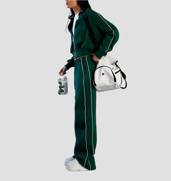 European & American Casual Zipper Cardigan Jacket & Sporty Drawstring Long Pants Women’s Two-piece Set