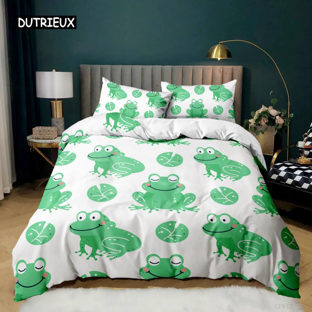 Cartoon Frog Duvet Cover Set Light Green Cartoon Frogs Cute Dragonfly Animal Bedding Set for Kid Twin Size Polyester Quilt Cover
