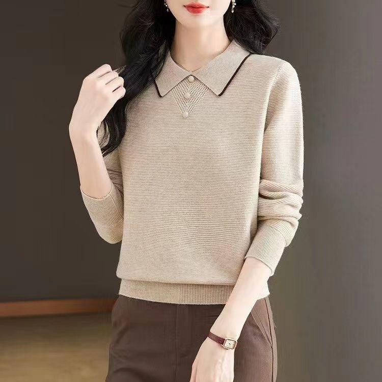 Autumn Winter Women's Sweater Polo Collar Knitted Top Large Loose Collar Pullover Stylish Bottom Shirt