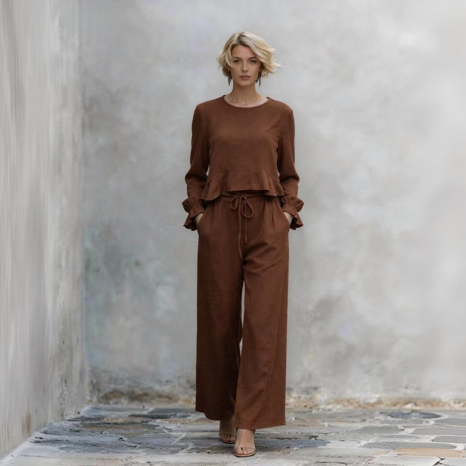 Women s Fashion 2-Piece Ruffle Hem Top and Pants Set for Casual Daily Wear L