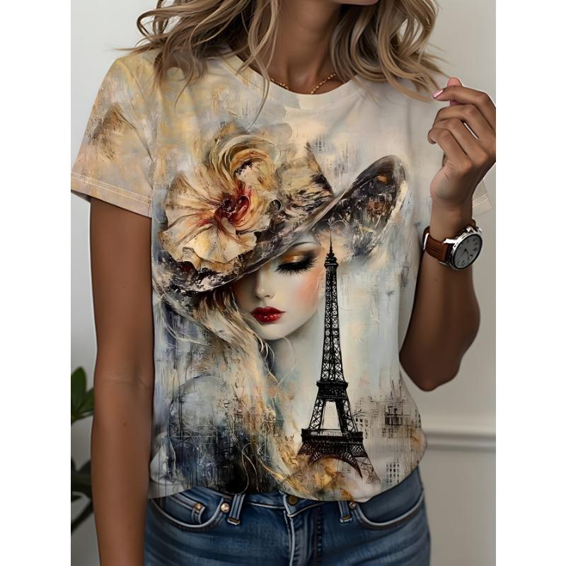 Oil Painting and Tower Print T-shirt, French Art Style, Trendy Art Illustration Short Sleeves