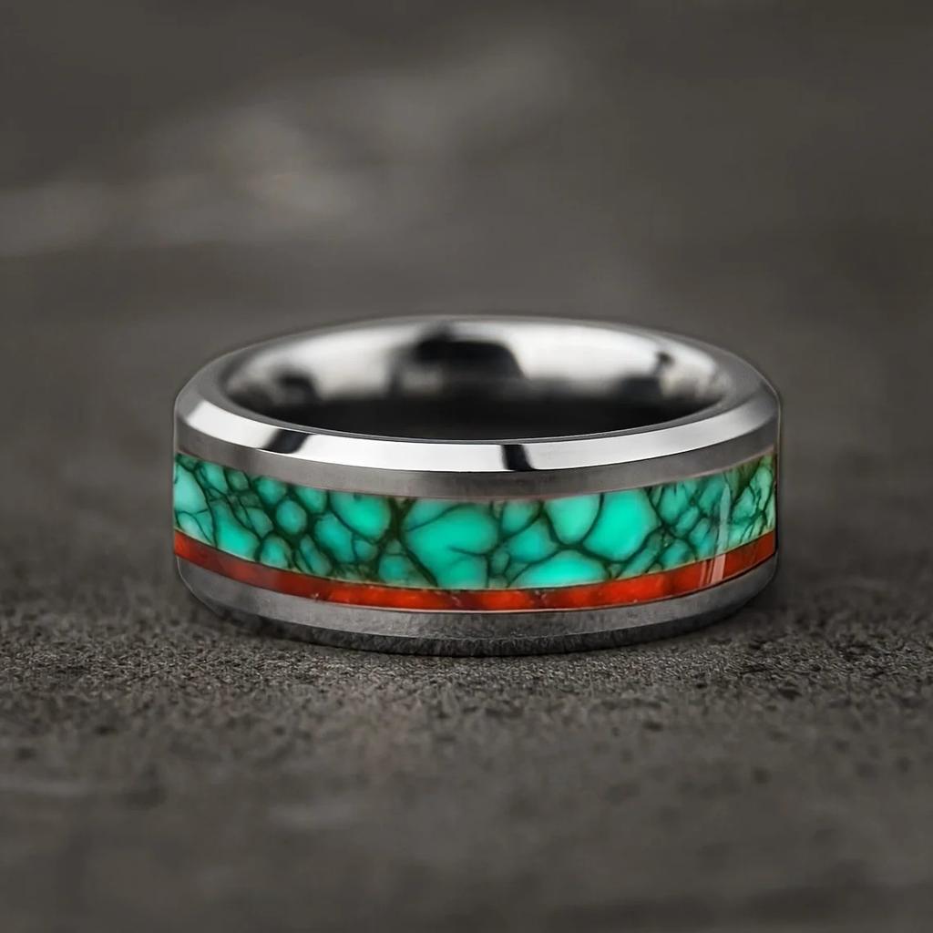Fashion 8mm Men Stainless Steel Ring with Koa Wood and Peacock Stones Inlay Rings for Men Women Wedding Jewelry Drop Shipping