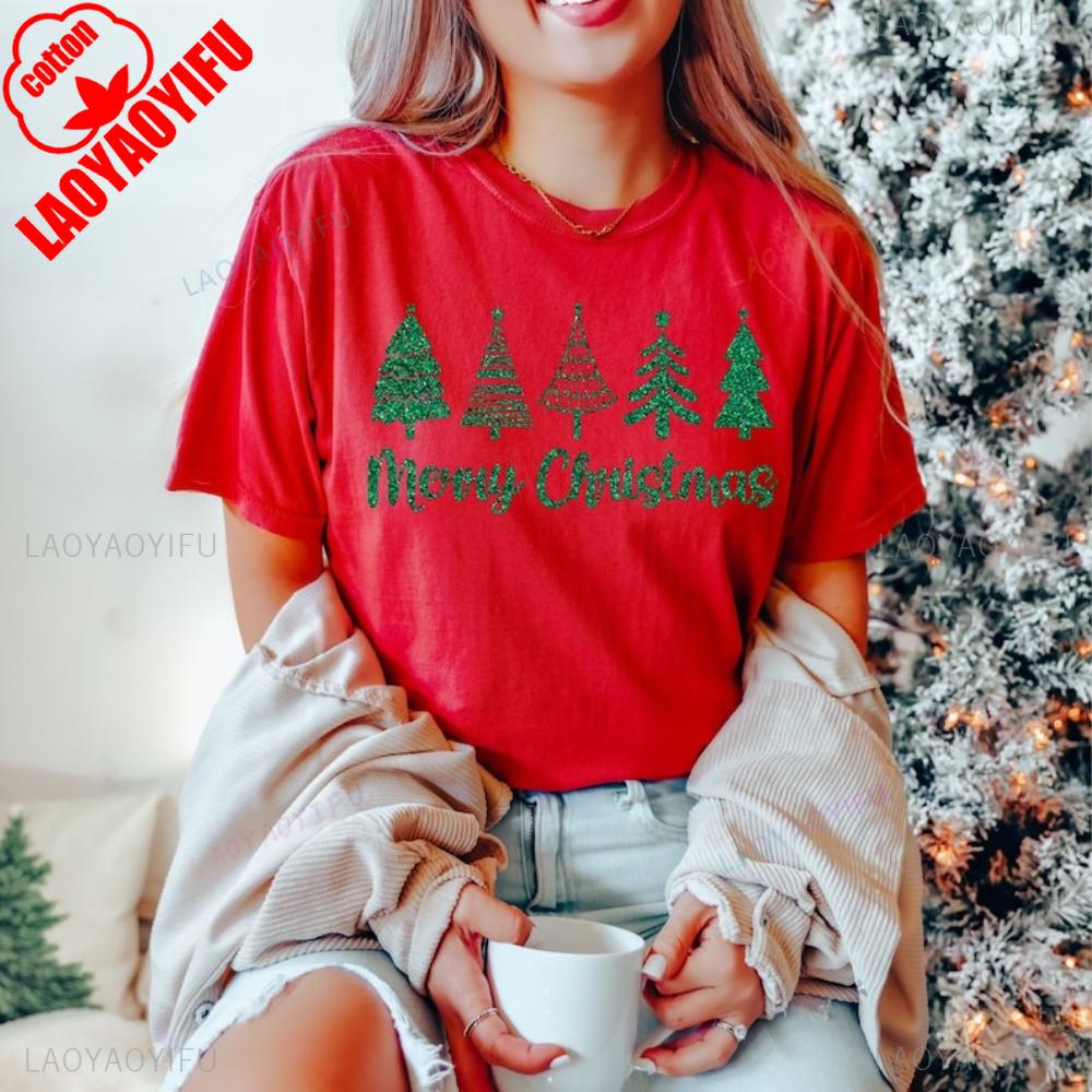 Glitter Merry Christmas TShirt Holiday Crewneck Tee Women Fashion Xmas Festival Costumes Christmas Tree Casual Printed Tee Tops S