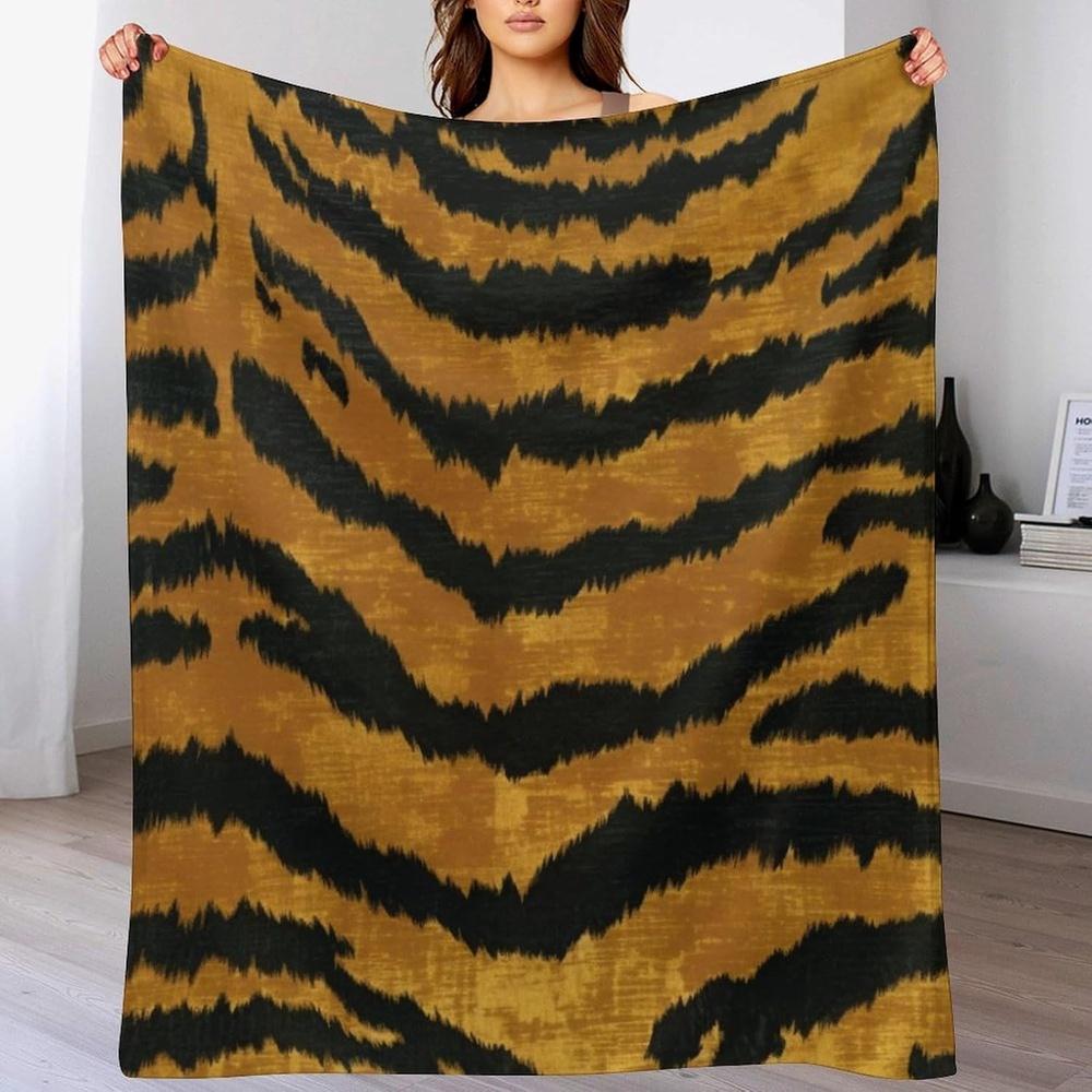 Asian Style Chinoiserie Flannel Blanket Animal Print Tiger Stripes Throw Blankets Brown Golden Black Tiger Print Warm Throw Blan 75X95CM