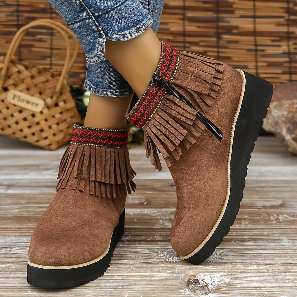 Autumn and Winter New Fringed Boots Women's Fashion Platform Small Wedge Boots Frosted Suede Round-toe Booties