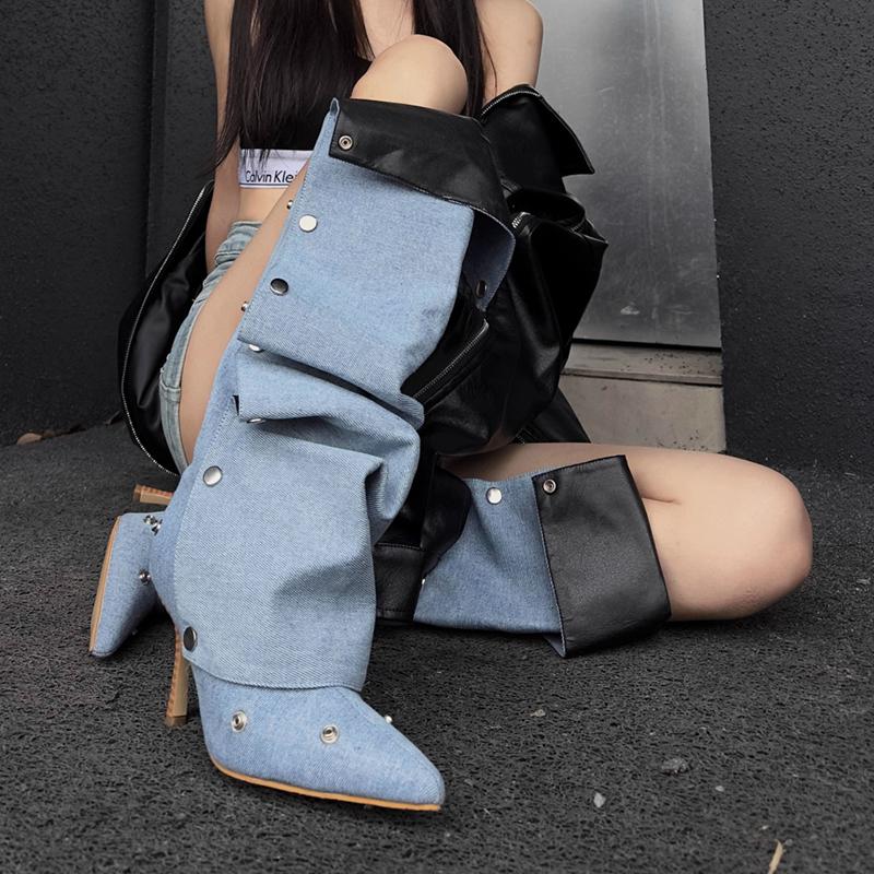 Fashion Sexy Pointed Toe High Heel Denim Y2K Long Boots Women 2025 Winter Punk Black Knee High Boots Metal Decoration Designer Shoes