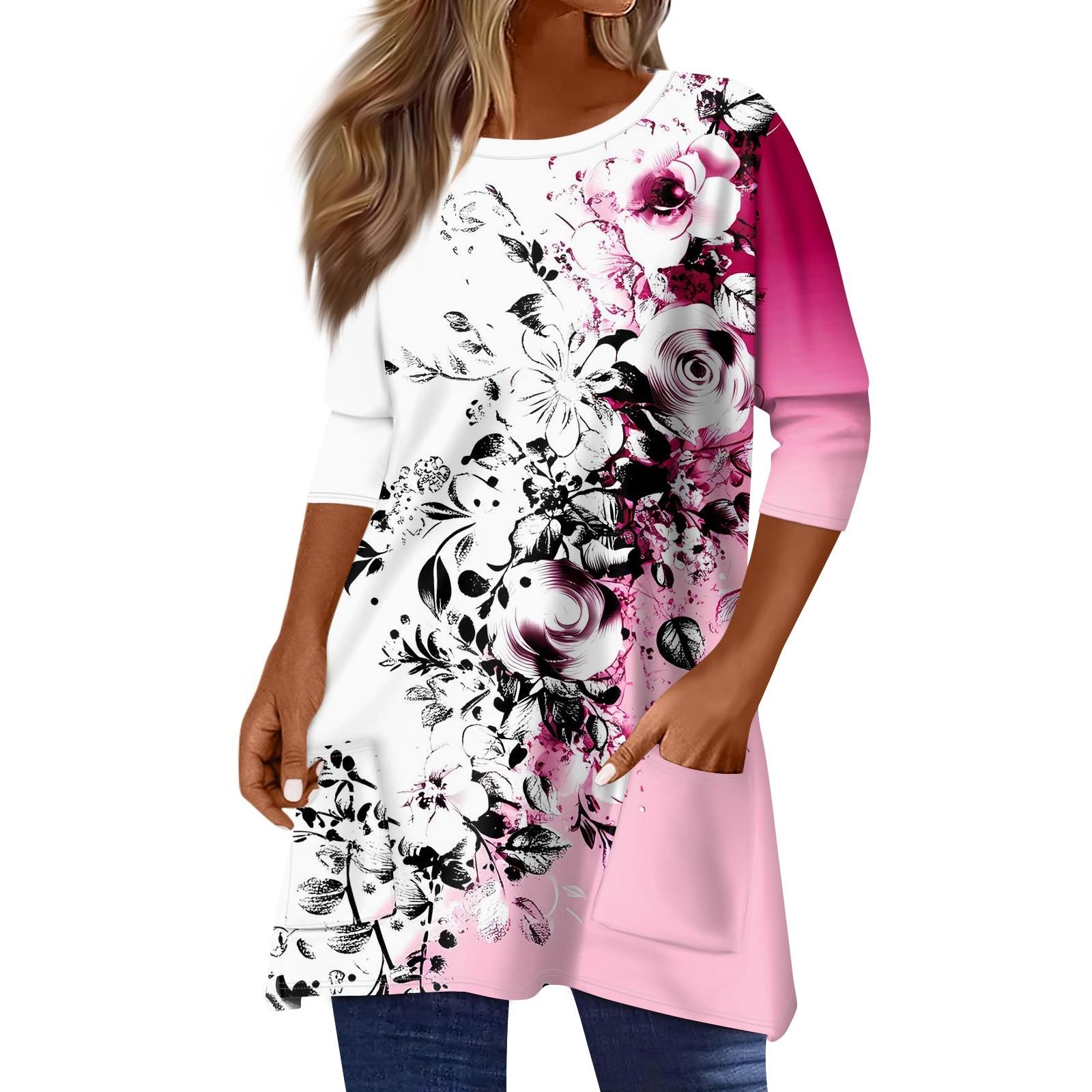 

3/4 Sleeve Pocket Tops For Women Print Mid-length T Shirt Round Neck Blouse S