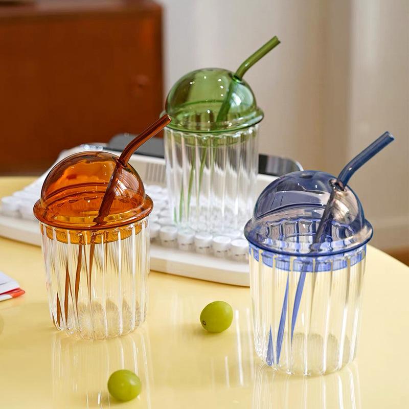 Gestreifter Kaffeebecher Klar Blasen Milchwasserbecher mit Deckel Milchglas Party Hochzeit Frühstück Dessert Trinkbecher