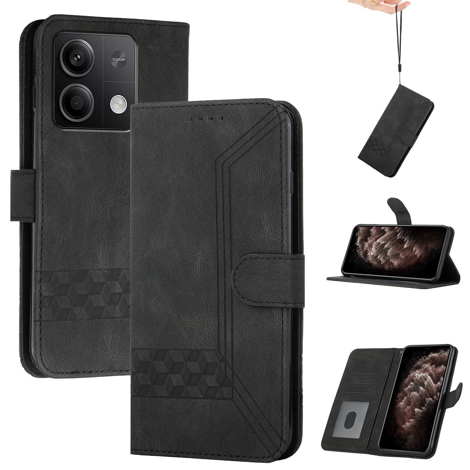 

YX0010 Series for Xiaomi Redmi Note 13 5G Case Imprinted Leather Card Slots Phone Cover with Hand Strap Black