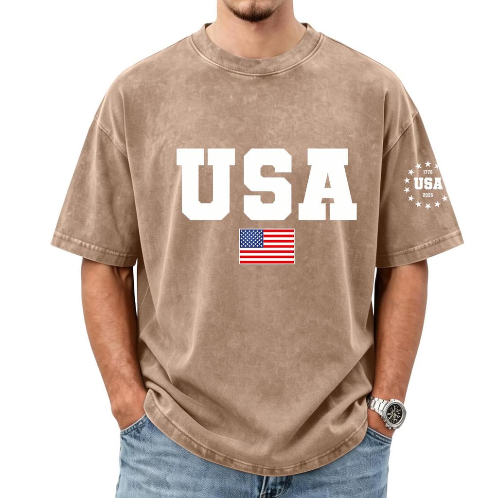 Men's Loose And Casual Flag-print T-shirt, Short Sleeve Shirt
