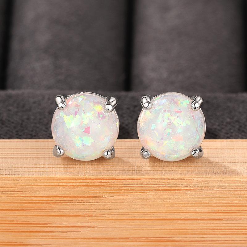 Round Synthetic Opal Earrings, Four Pronged Bezel Set White Fire Opal Women's Earrings, Minimalist Basic Jewelry Gift