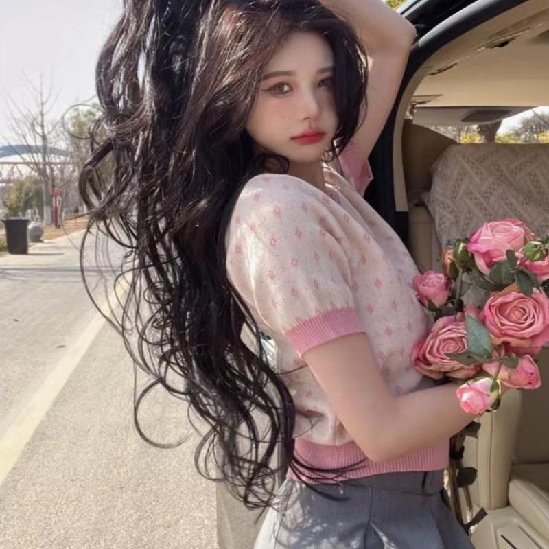 Gentle Korean Winter Knitted Short Top with Female Design Pink Splicing Short Sleeve