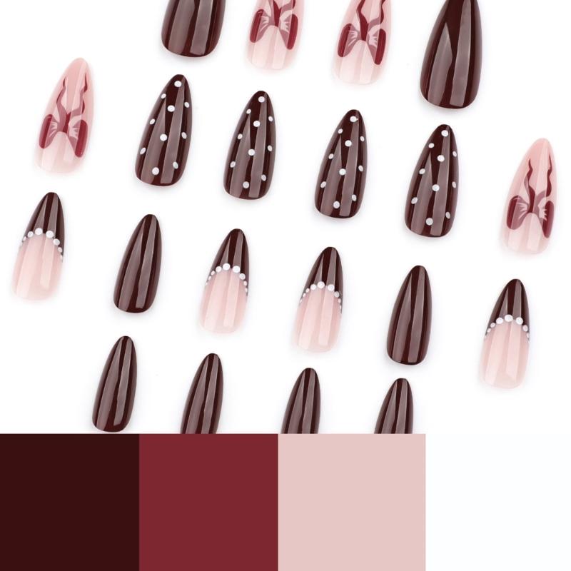 Almond Press On Nail Fake Nail Glossy Acrylic Artificial Nail Stick On Nail for Womens 24Pcs 12Sizes Glues On Nail