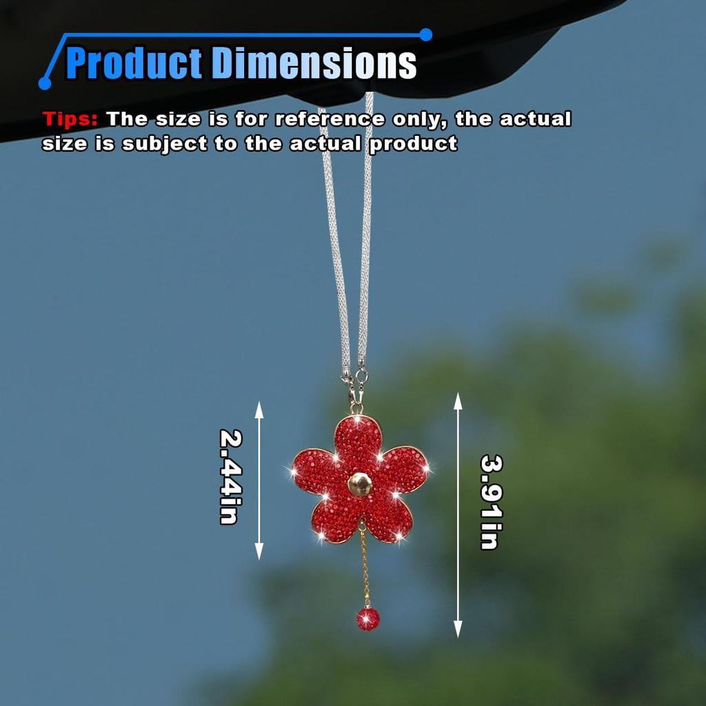 Bling Car Hanging Charm Accessories, Crystal Flower Car Rear View Mirror Pendant Decoration, Car Interior Ornament Accessories for Women Girls