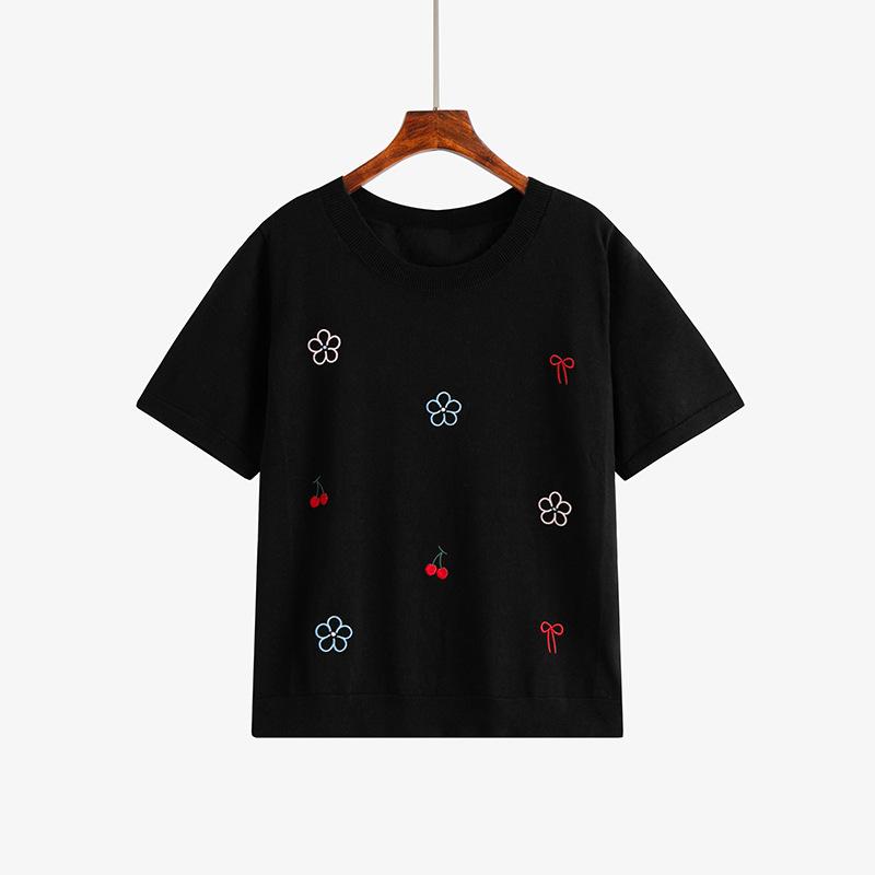 Damen Rundhals-Oberteil Damen Bestickter Strickpullover Molliges Mädchen Lässig Locker Kurzarm-T-Shirt