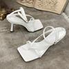 Fashion 2025 New Fashion Pinch Narrow Band Women Sandals 2025 Summer Square Open Toe Ankle Buckle Strap High Heels Ladies Shoes