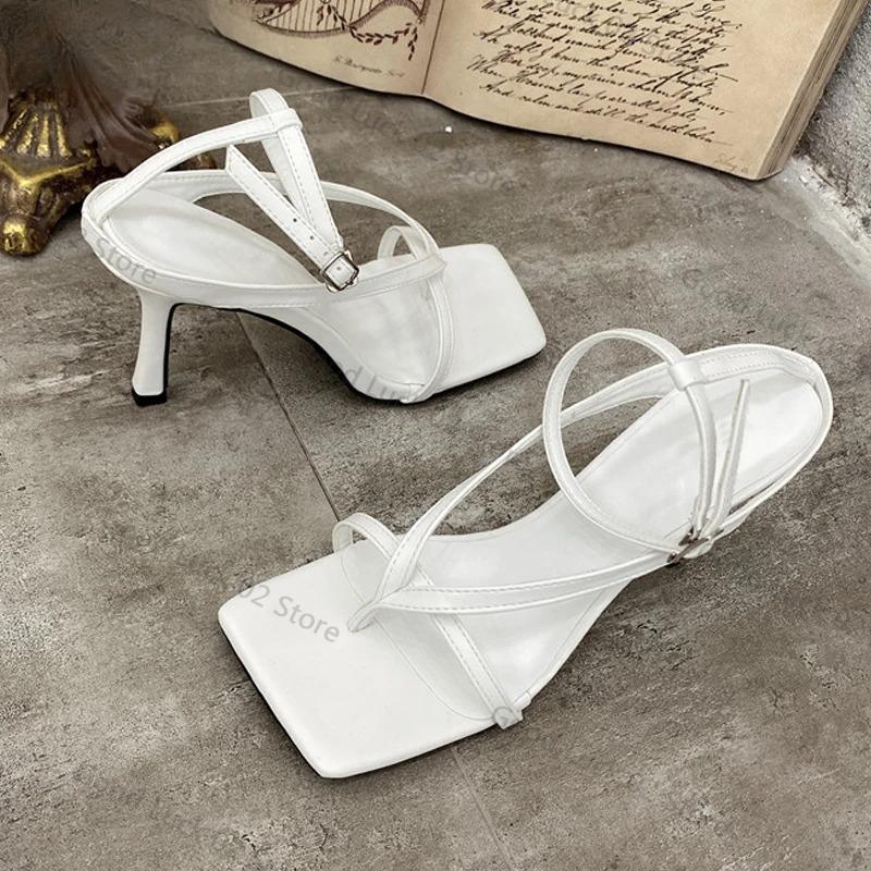 Fashion 2025 New Fashion Pinch Narrow Band Women Sandals 2025 Summer Square Open Toe Ankle Buckle Strap High Heels Ladies Shoes