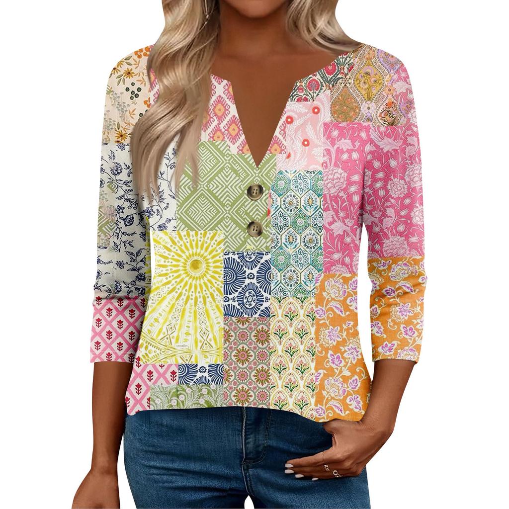 3/4 Sleeve Womens Tops For Women Henely Tops Button V Neck Loose Fit Dressy Womens Summer Tops