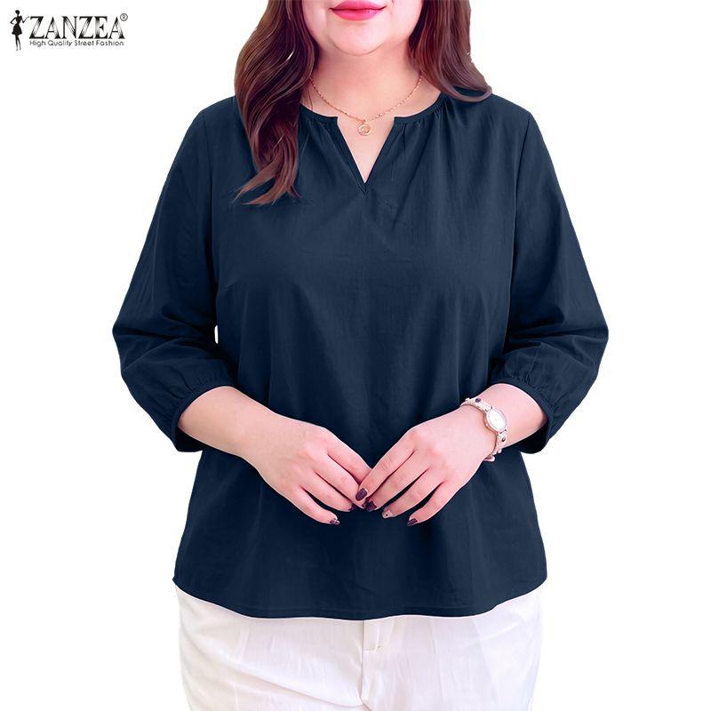 ZANZEA Women Casual V-Neck Solid Color 3/4 Sleeve Loose Blouse